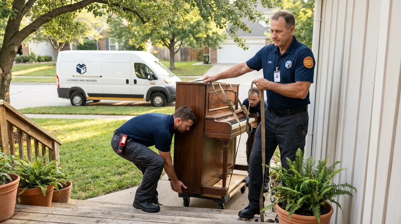 Licensed piano movers securing grand piano in Fitzgerald, GA