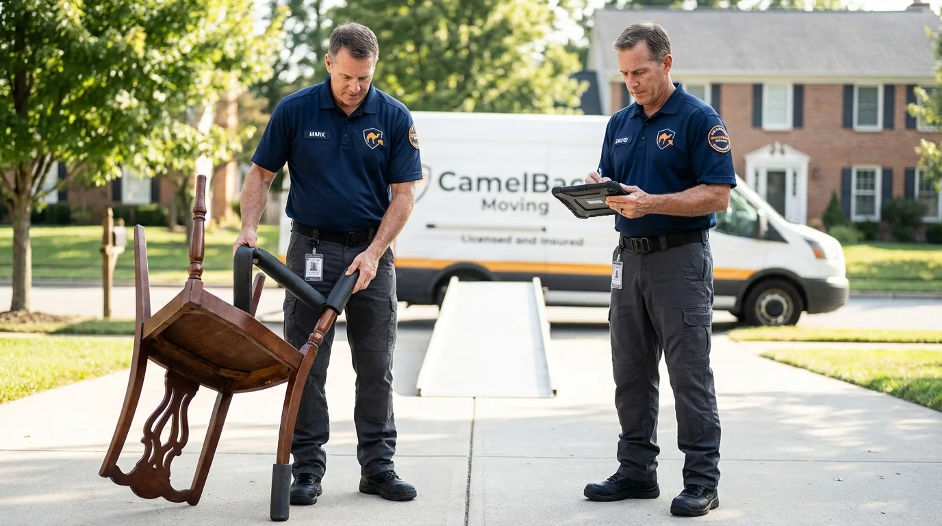 Movers inspecting furniture for damage prevention before loading in Fitzgerald, GA