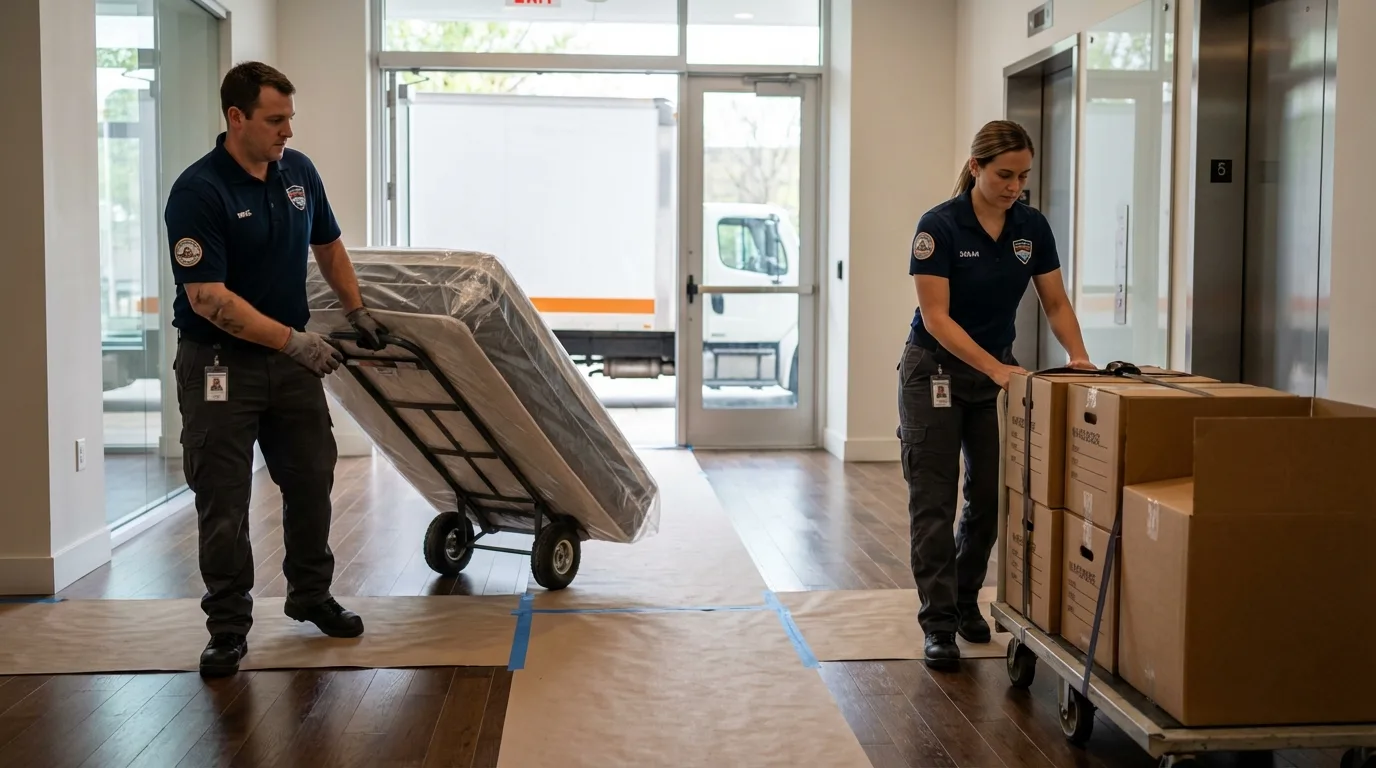 Professional apartment movers loading elevator in Fitzgerald, GA